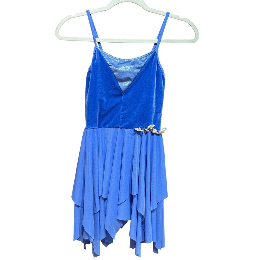 Weissman Lyrical Dance Costume Periwinkle Blue Velvet Pearl Lattice Back LC